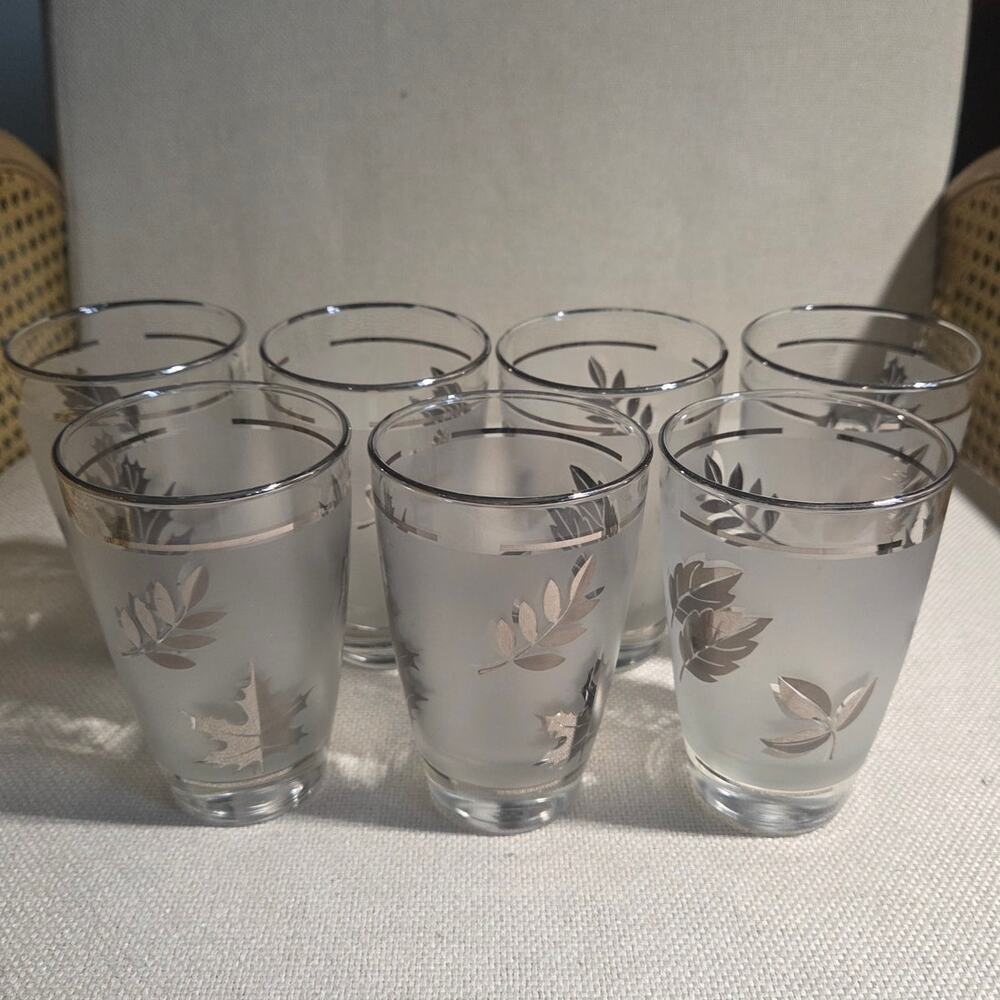 ✨ Vtg Libbey Silver Leaf Frosted Glass Tumblers Set of 7 MCM Barware